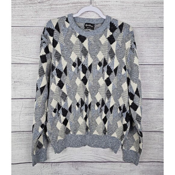Reed St. James Vintage Geometric Knit 3D Sweater Blue Black and White Size Large - Picture 1 of 3